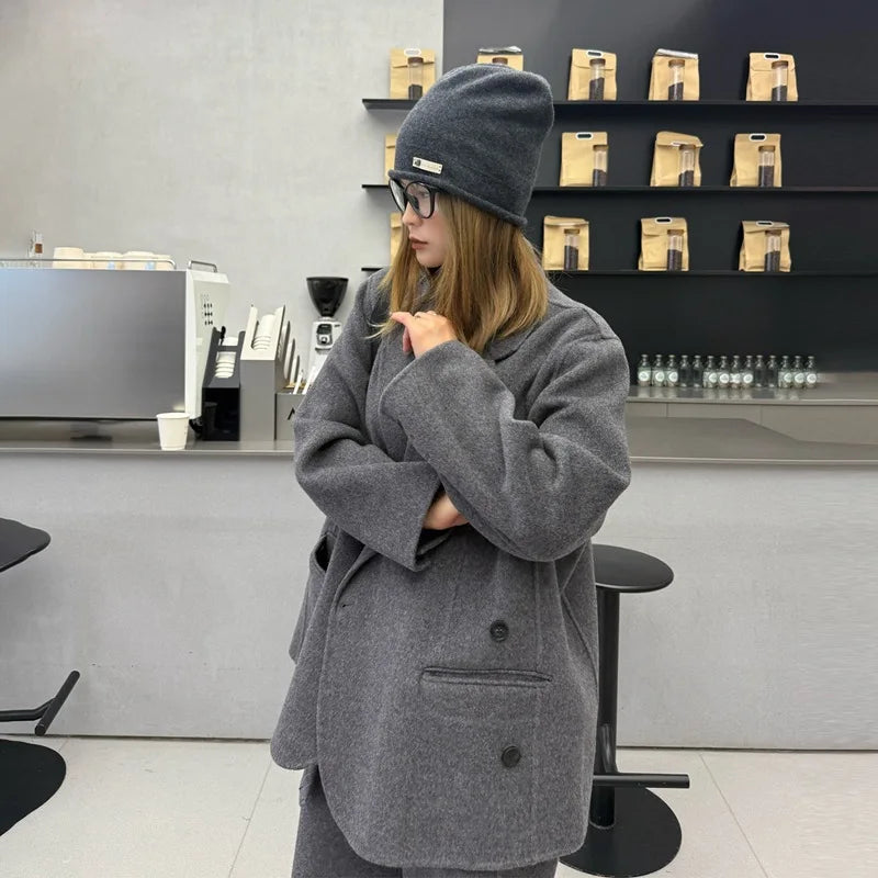Autumn Winter Double-Sided Cashmere Coat Korean Style Suit Woolen Blazer Women Design Sense Set Korean Fashion Elegant