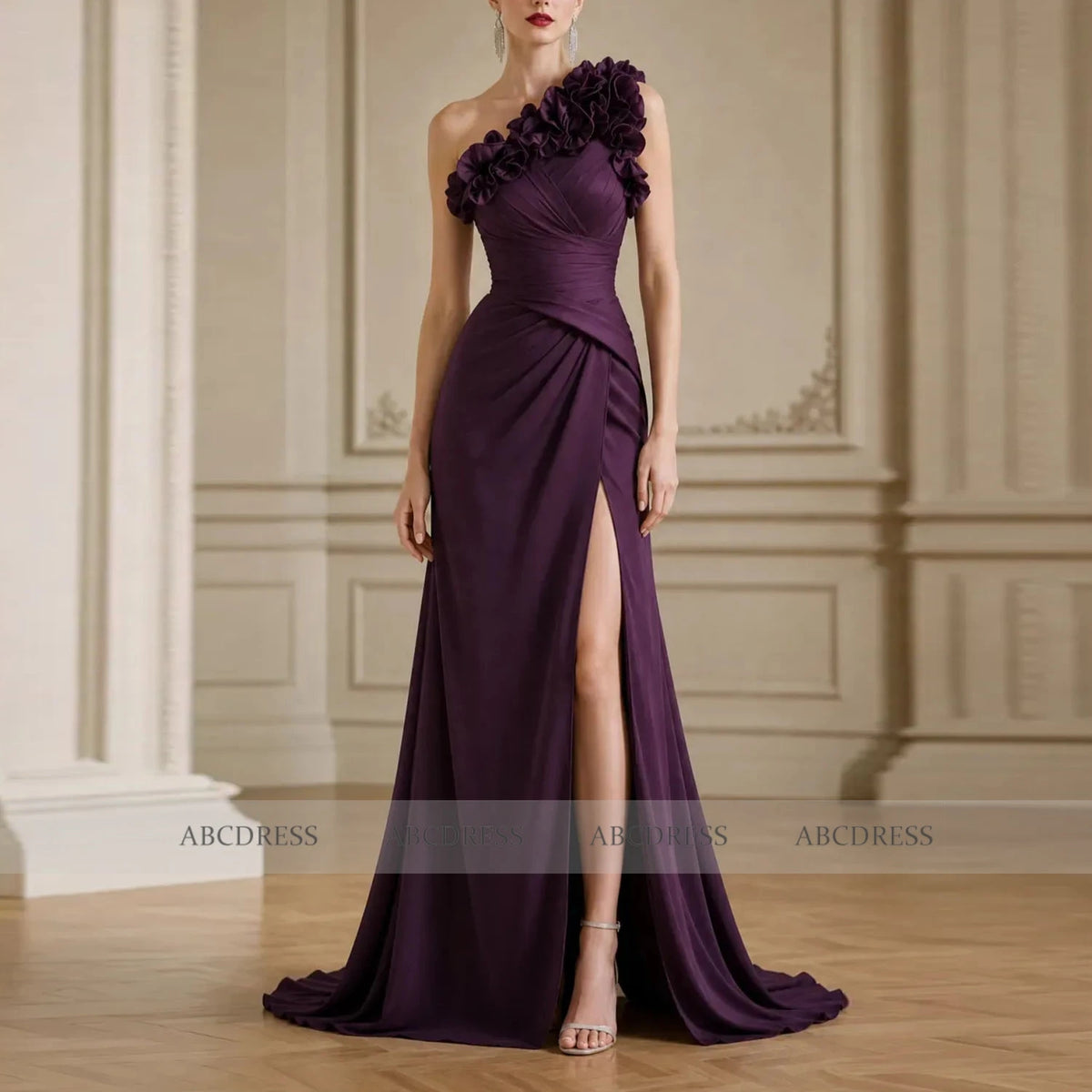 Customized One‑Shoulder Dark Purple Formal Evening Gown 3D Floral Applique Prom Party Dress Sweep Train Wedding Guest Dresses