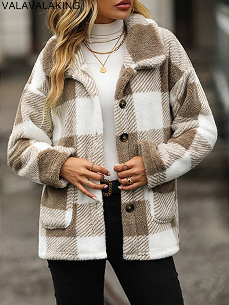 2026 Autumn Winter Long Sleeve Thick Jacket For Women Plush Warm Button Casual Coat Lady Elegant Loose Plaid Coat Female Clothes