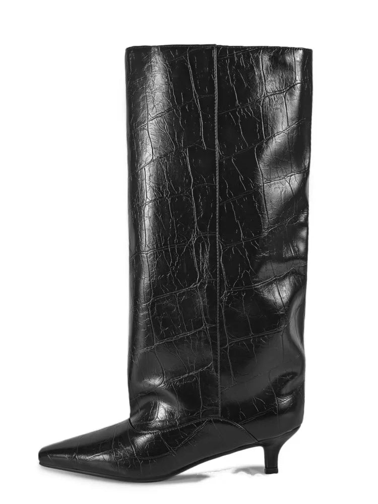 Women's Spring and Autumn New Cat Heel Wide Knee Knee Boots Fashion Pointed Women's Low Heel Mid Heeled Boots