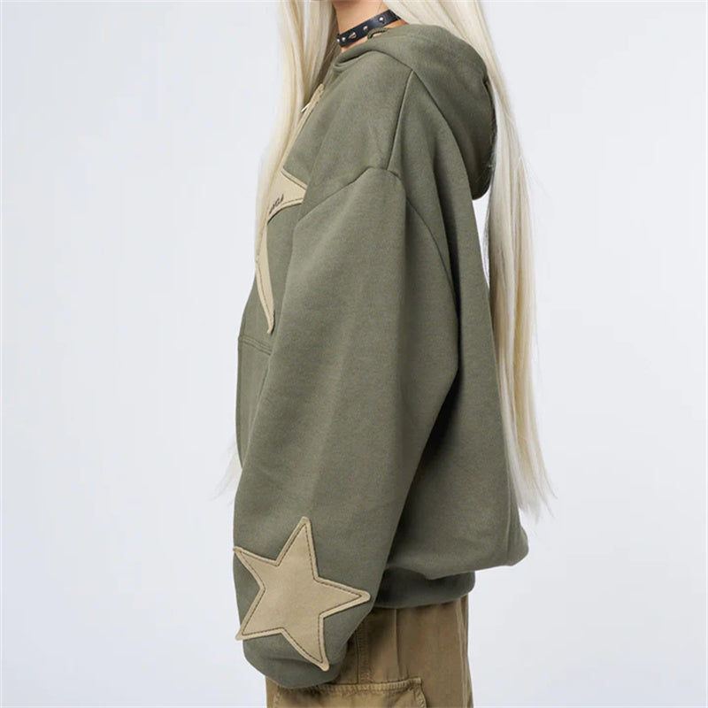 Women's Graphic Hoodie Y2k Zip Up Hoodies Star Patchwork Oversized Sweatshirt with Drawstring Aesthetic Pullover with Hood Shirt