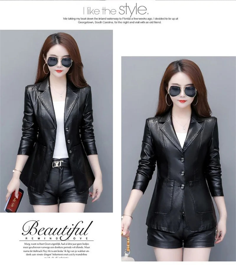 High Quality 2026 Autumn And Winter New  Leather Leather Coat Women's Short Slim Suit Collar Leather Jacket Female's Coat Black