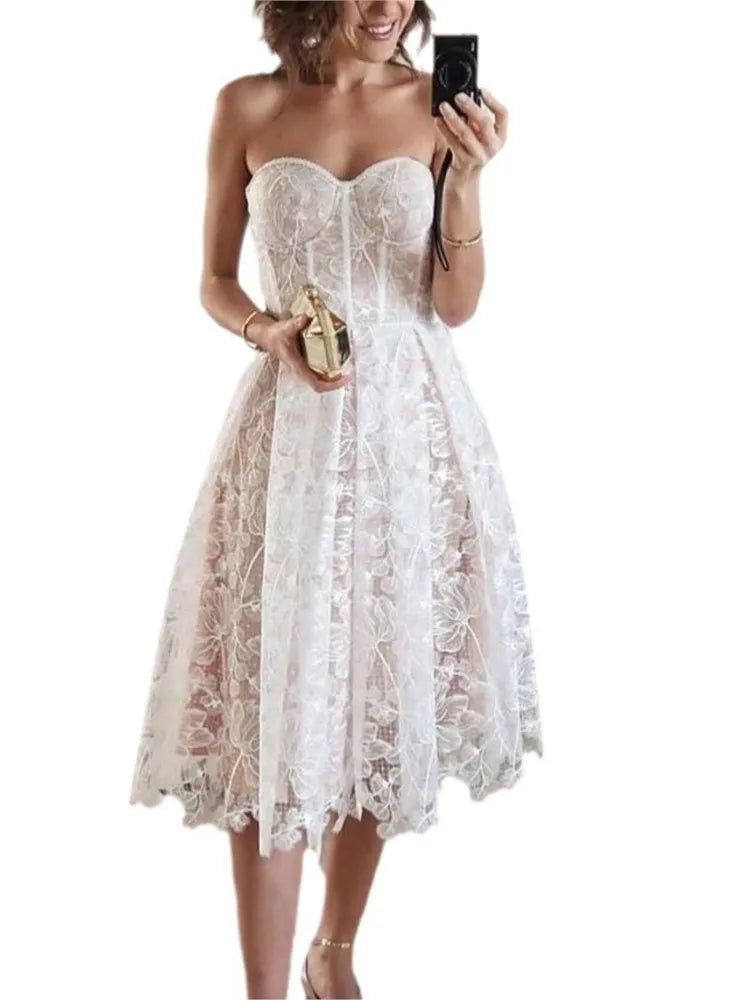 Evening Dress Women Fashion Sexy See Through Lace Embroidery Tube Top Dresses Temperament Socialite Banquet Prom Vestidos 2025