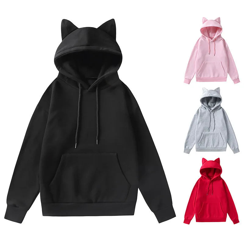 Women's Cat Ear Design Hooded Fleece Sweatshirt Casual Fashion Spring Autumn New Style V-neck Female Clothing  Hoodies Women