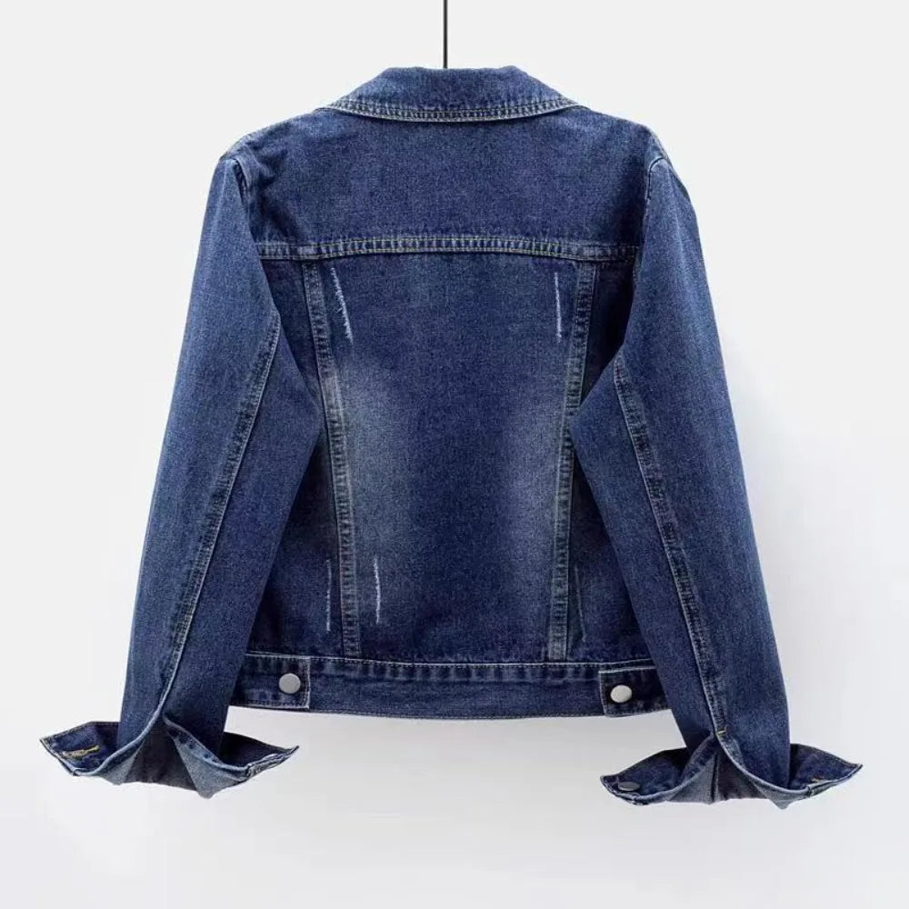 Women Spring Denim Jacket Short Slim Fit Washed Single Button Long Sleeve