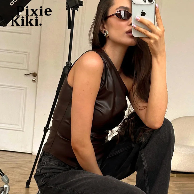 PixieKiki Fashion PU Leather Sleeveless T Shirts Side Zipper One Shoulder Asymmetrical Tops Women Clothing Fall 2024 C85-CA12