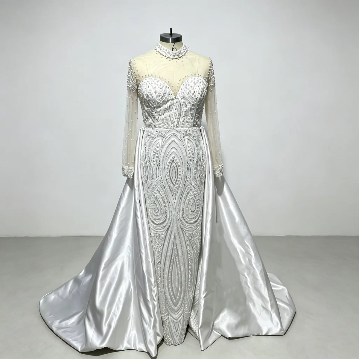 2026 Luxury Off Shoulder Mermaid Wedding Dress High Collar Beaded Transparent Long Sleeve Bride Dress Detachable Tail Customized