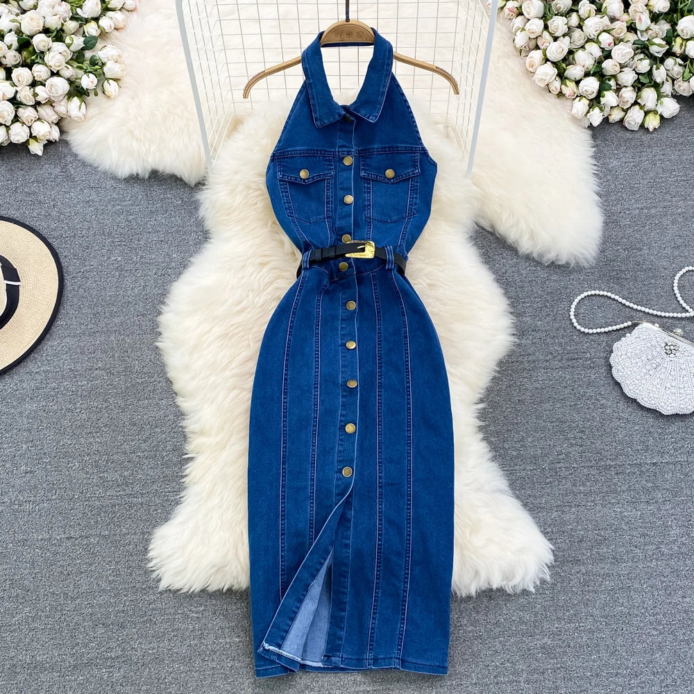 Denim Dress Women Sexy Long Dresses Vintage Vestidos A Line Sleeveless Backless Single Breasted Pockets 2025 Summer Sundress