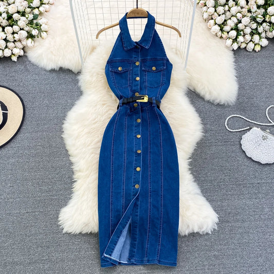Denim Dress Women Sexy Long Dresses Vintage Vestidos A Line Sleeveless Backless Single Breasted Pockets 2025 Summer Sundress