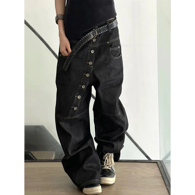 Personalized Jeans American High Street Curved Long Button Scimitar Women's Jeans Summer Loose Wide-Leg Pants Trendy  Trousers