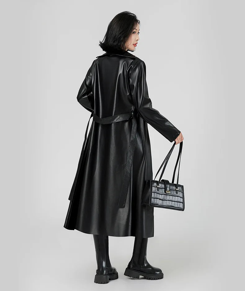 Women's Streetwear Windbreaker Black Tie Up Pu Leather Jackets For Women Fall Winter Windproof Anoraks Trench Coat For Women
