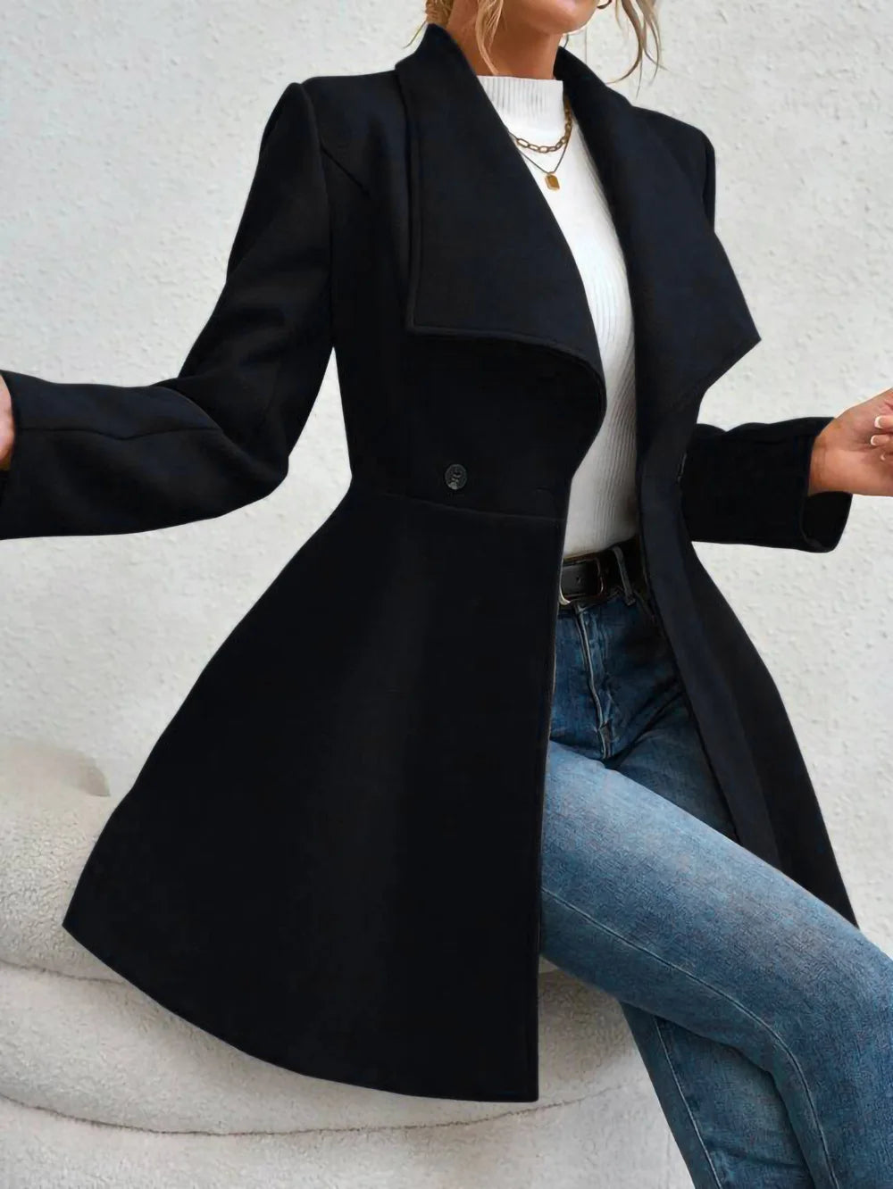 Autumn Winter Women Coat Fashion Solid Color Lapel Collar Single-breasted Slim Fit Female Woolen Coat Mid Length Lady Overcoat