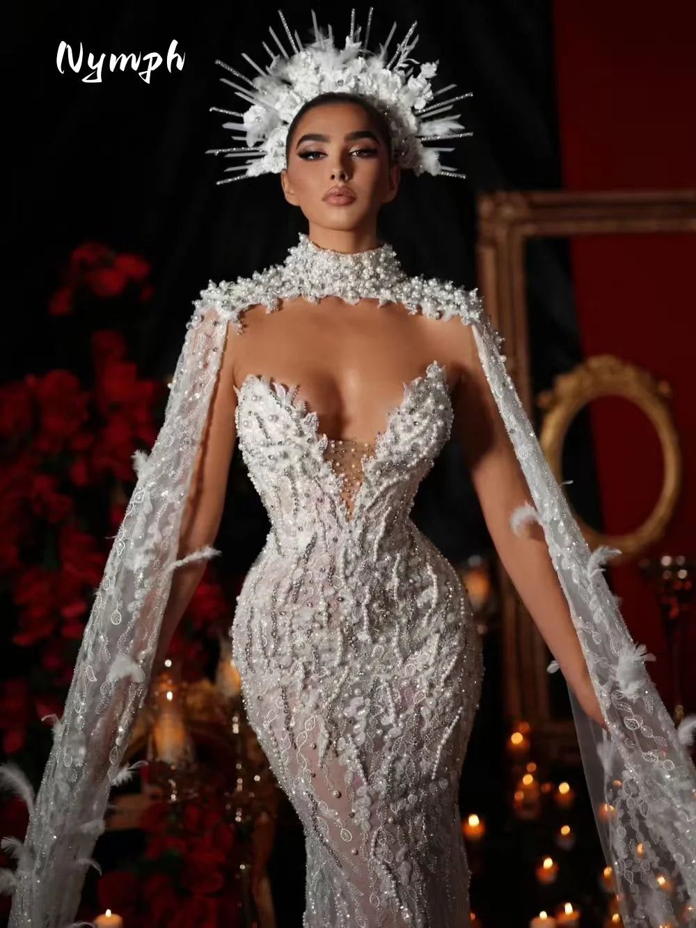 Customized Sexy Illusion Deep V-neck Bridal Dress Sparkly Sequins Pearls Wedding Gown Luxury Mermaid Bride RobeVestido De Novia