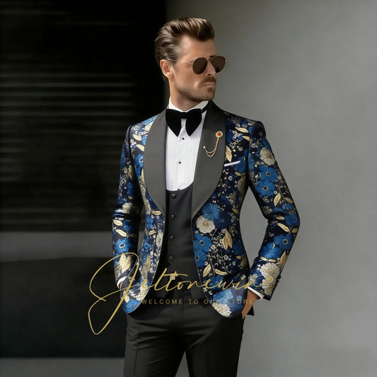 Latest Designs Printed Floral Mens Suits For Wedding Shawl Lapel Groom Tuxedos Slim Fit Terno Masculino Prom Party 3 Pieces Set