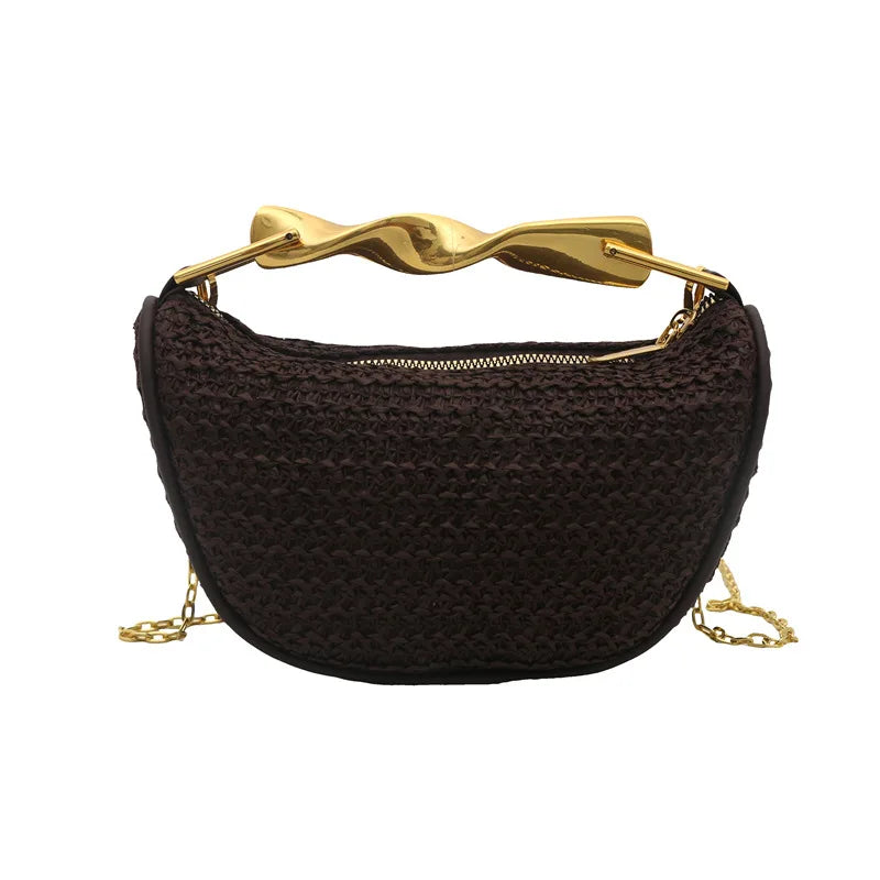 Luxury Metal Handle Clutch Bag Women Exquisite Handmade Rattan Woven crossbody Bag Half-moon Beach Bags Roomy Straw Tote Bag
