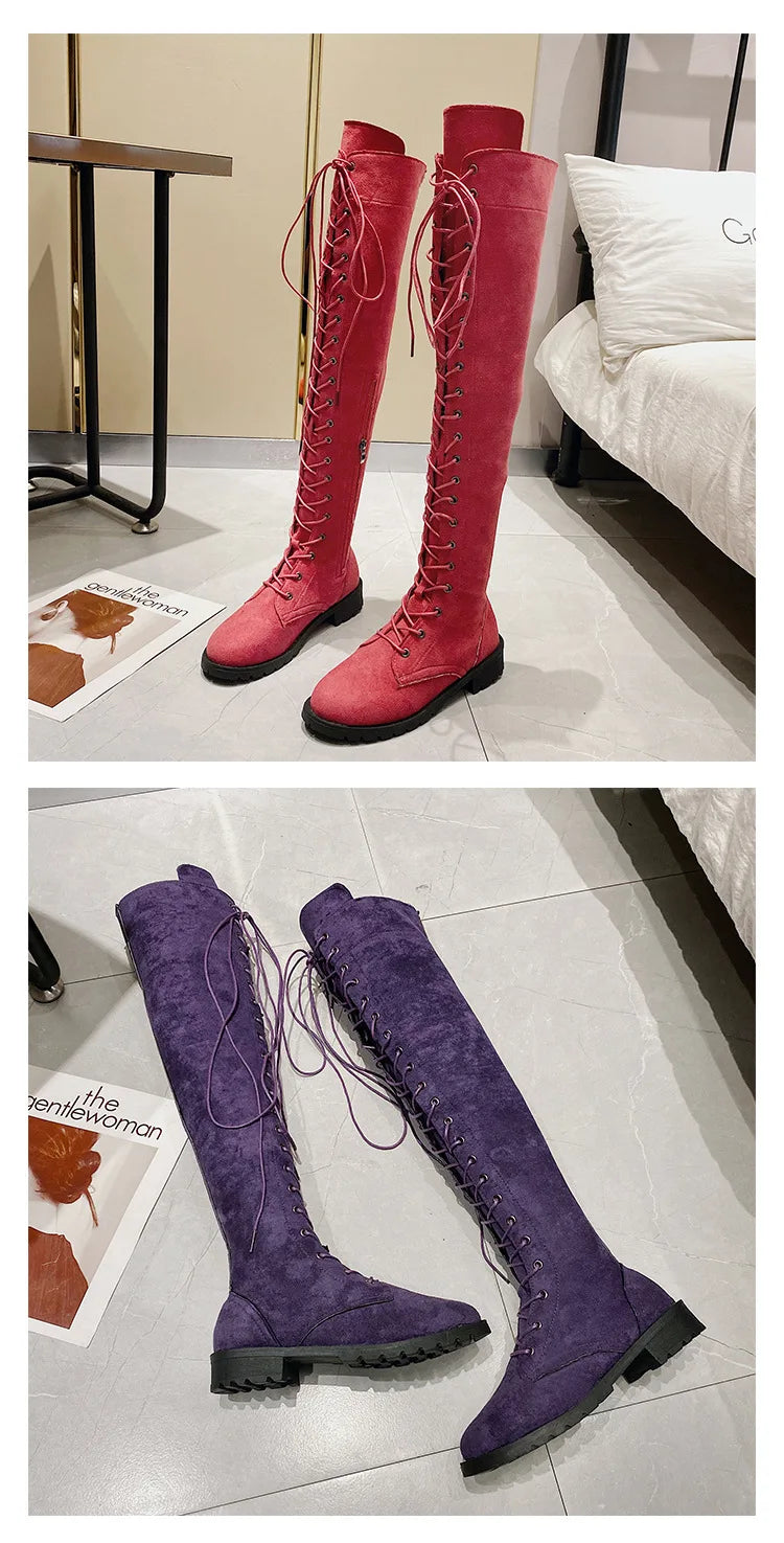 Side Zipper Lace-up Women's Long Botas Brown Black Suede Mid Heel Over-the-Knee Boots for Women Ladies Thigh High Boots Size 43