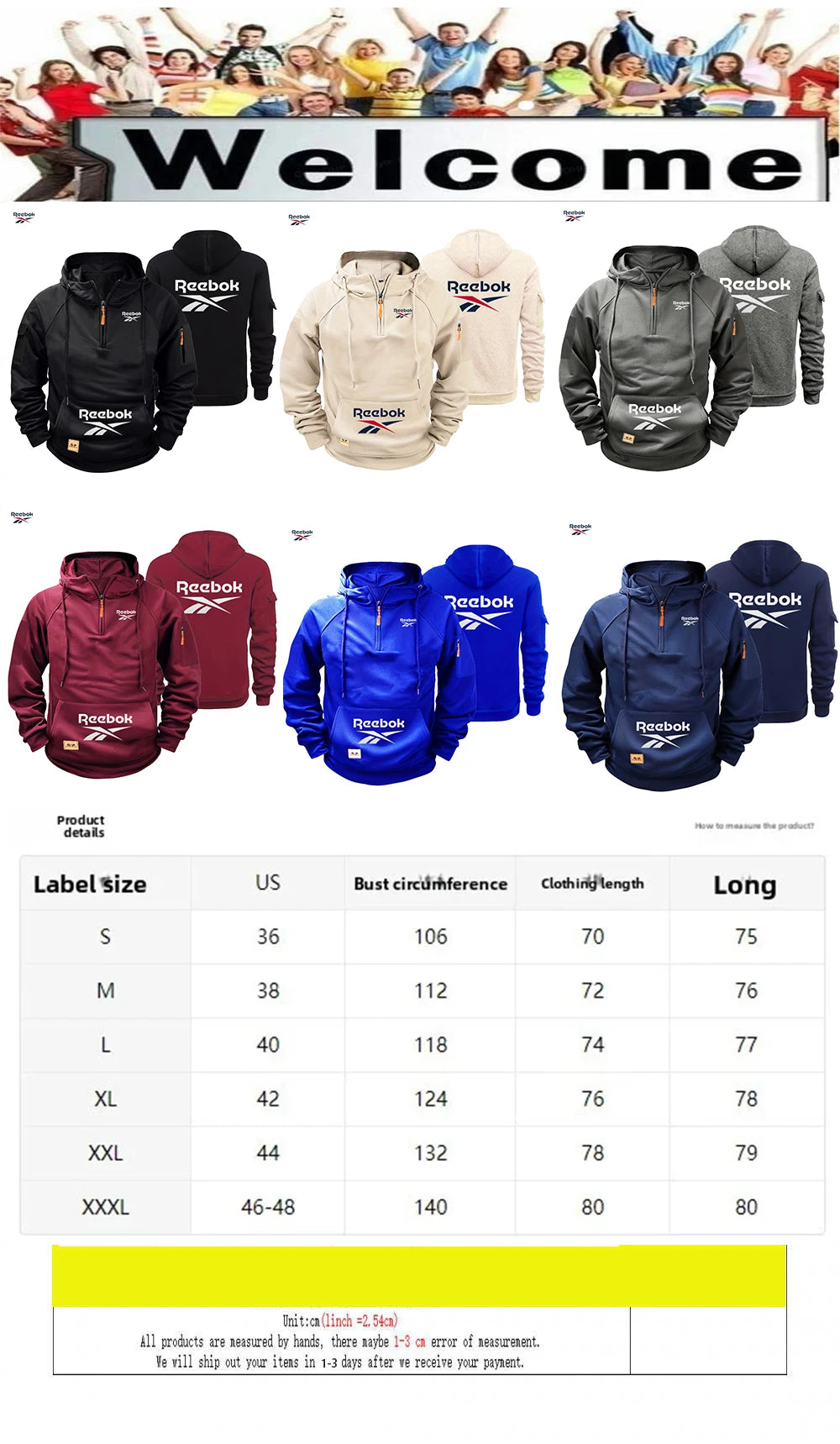 2026 Reebok Men's Winter-Spring Hoodie - Loose Fit Sports Hoodie with Zipper, Long Sleeve, Multiple Pockets - Comfortable Street