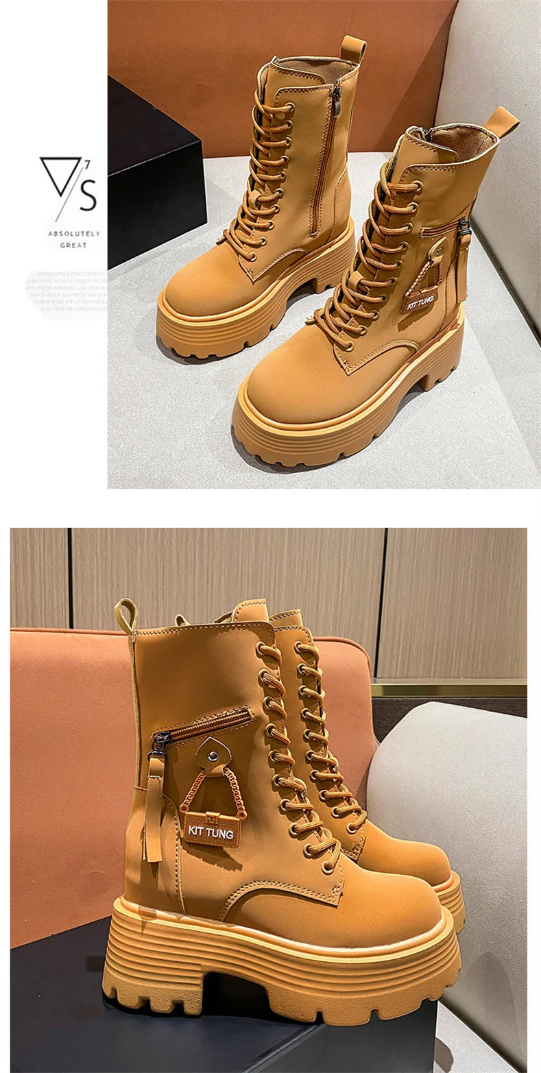 New 2023 Autumn Platform Mid-calf Boots  Women Thick Sole Winter Leather Punk Shoes Chunky Motorcycle Boots Woman