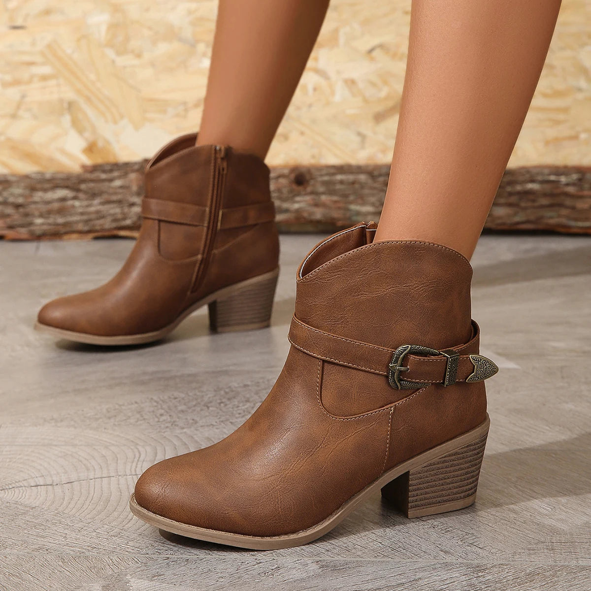 Europe and the United States Fashion Boots PU Brown Side Zipper Metal Buckle with High-Heeled Low Boots