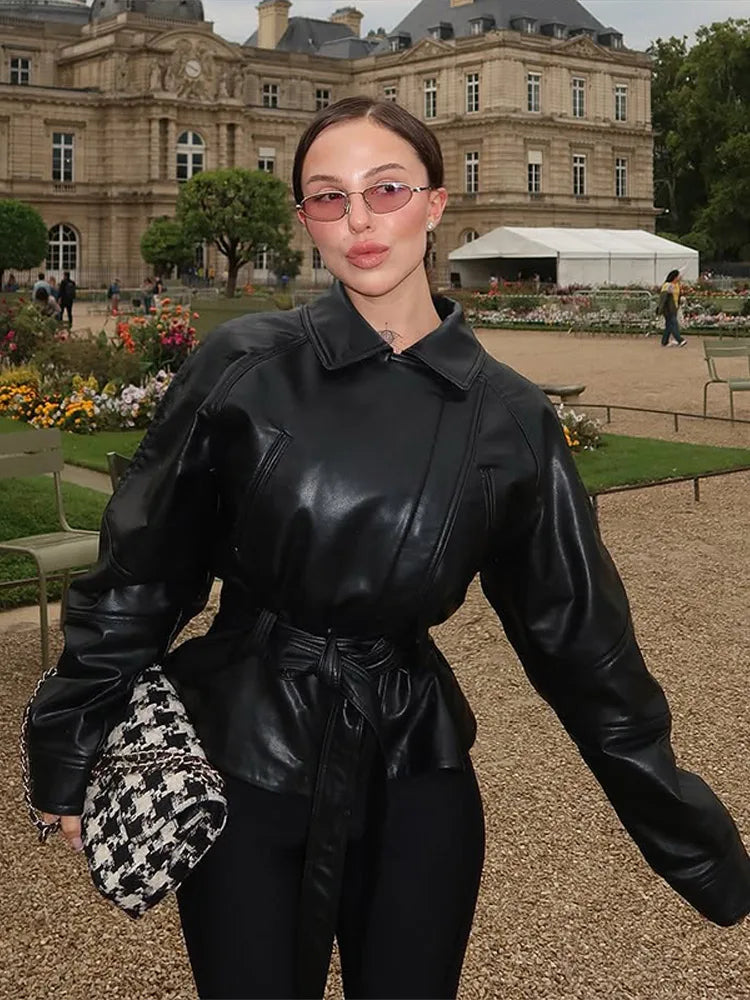 Black Belt Women's Leather Jacket Lapel Full Sleeve Zip-up Lace Up Waist Cinching Cropped Coats 2026 Autumn Street Lady Jackets