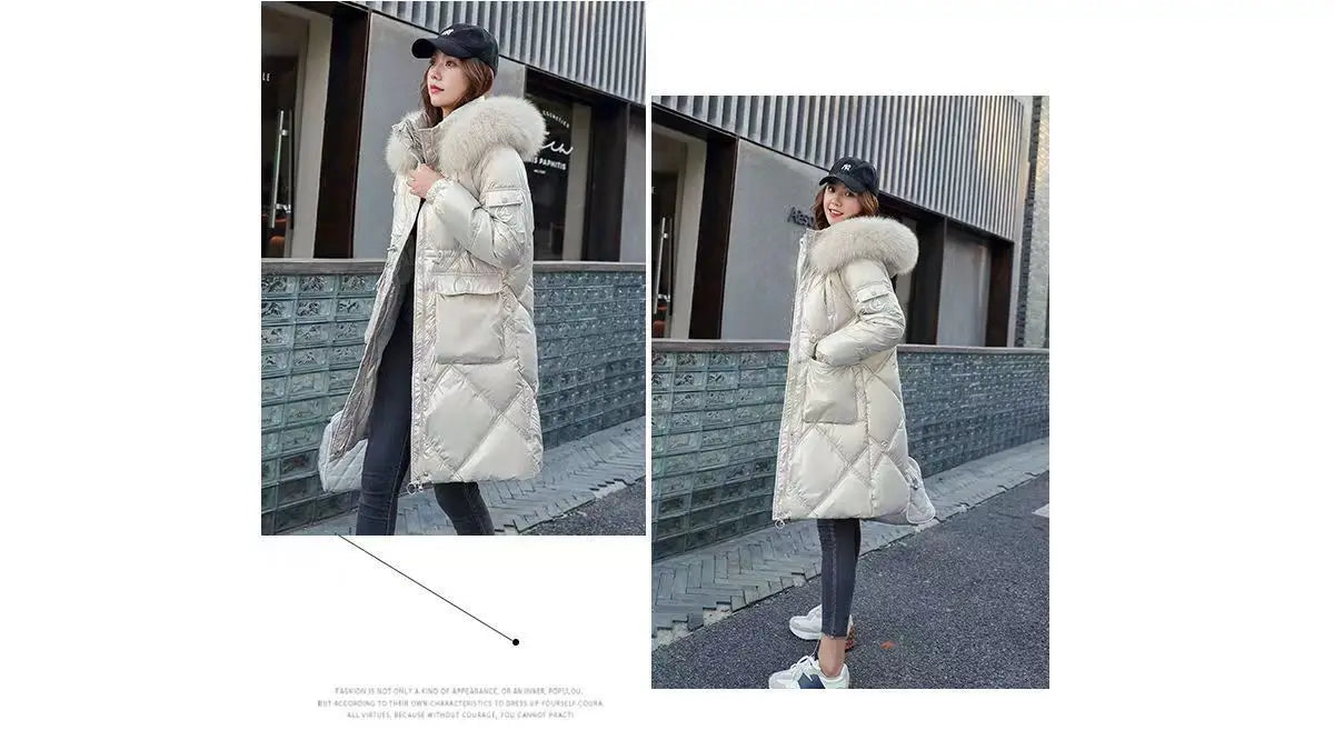 2023 Autumn Winter Hooded Fur Collar Long Parkas Mujer Thick Warm Down Cotton Padded Jacket Women Casual Hoodies Coat Female