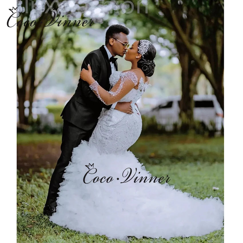 Customized Africa Luxury Mermaid Wedding Dress For Women 2026 New Long Sleeves With Heavy Beading Sequin Lace Bride Dress W1381