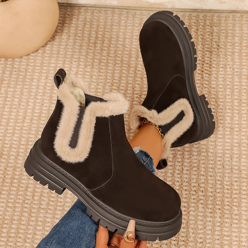 Thick Sole Fur Winter Ankle Boots Women 2026 Slip On Non Slip Plush Short Booties Mujer Plus Size 43 Platform Suede Boots Female