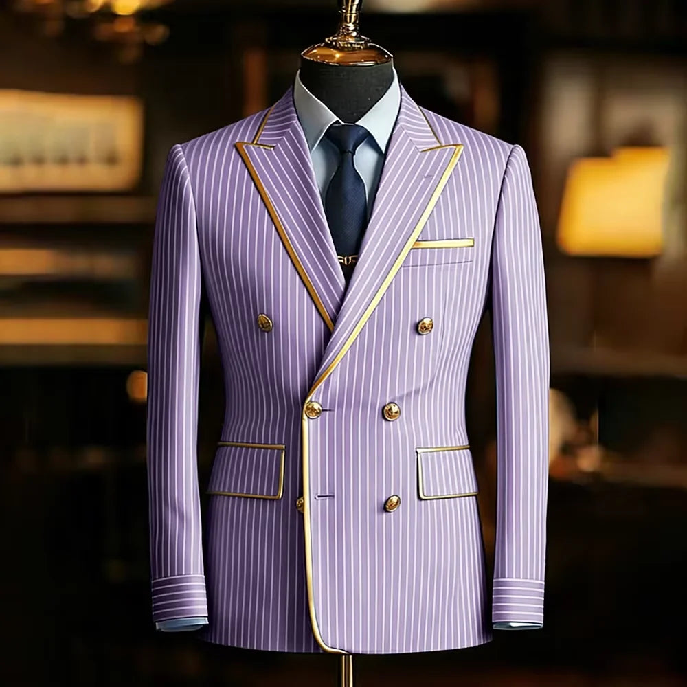 Men's Pinstripe Blazer Double Breasted Slim Fit Peaked Lapel With Gold Trim Formal Suit Jacket  For Groomsman Wedding Prom Hot