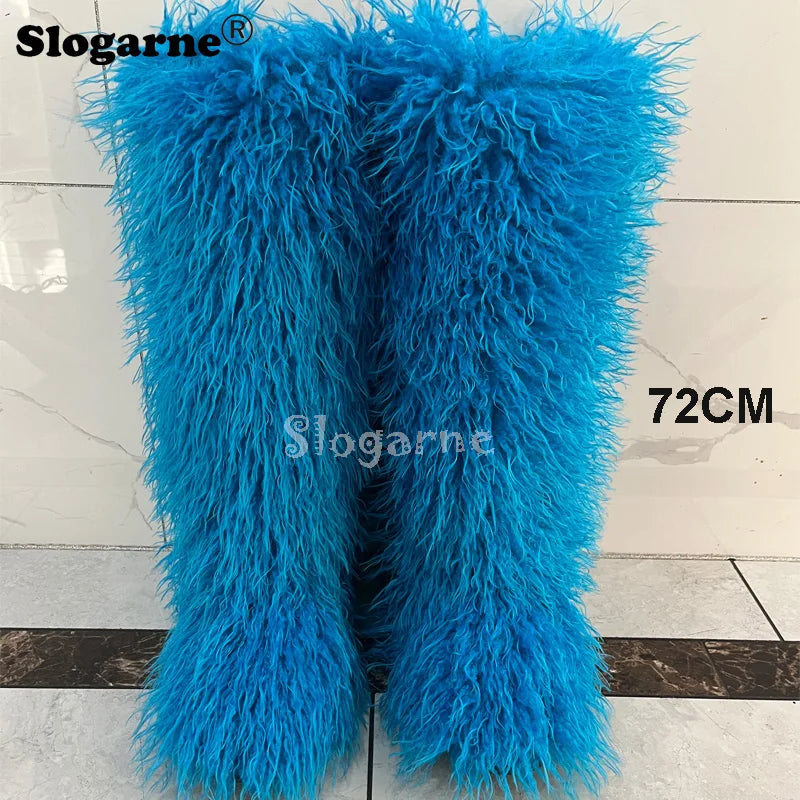 New Over The Knee Fur Boots Women Warm 72CM Long Faux Mongolian Fur Snow Boots Winter Luxury Fluffy Shoes Plush Platform Shoes
