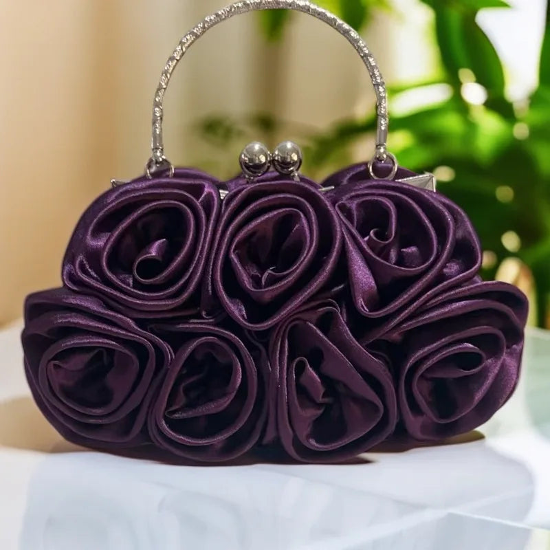 Satin Flower Clutch Bags For Women Banquet Party Evening Bags Metal Handbags Retro Blue Silver Black Chain Shoulder Bag female