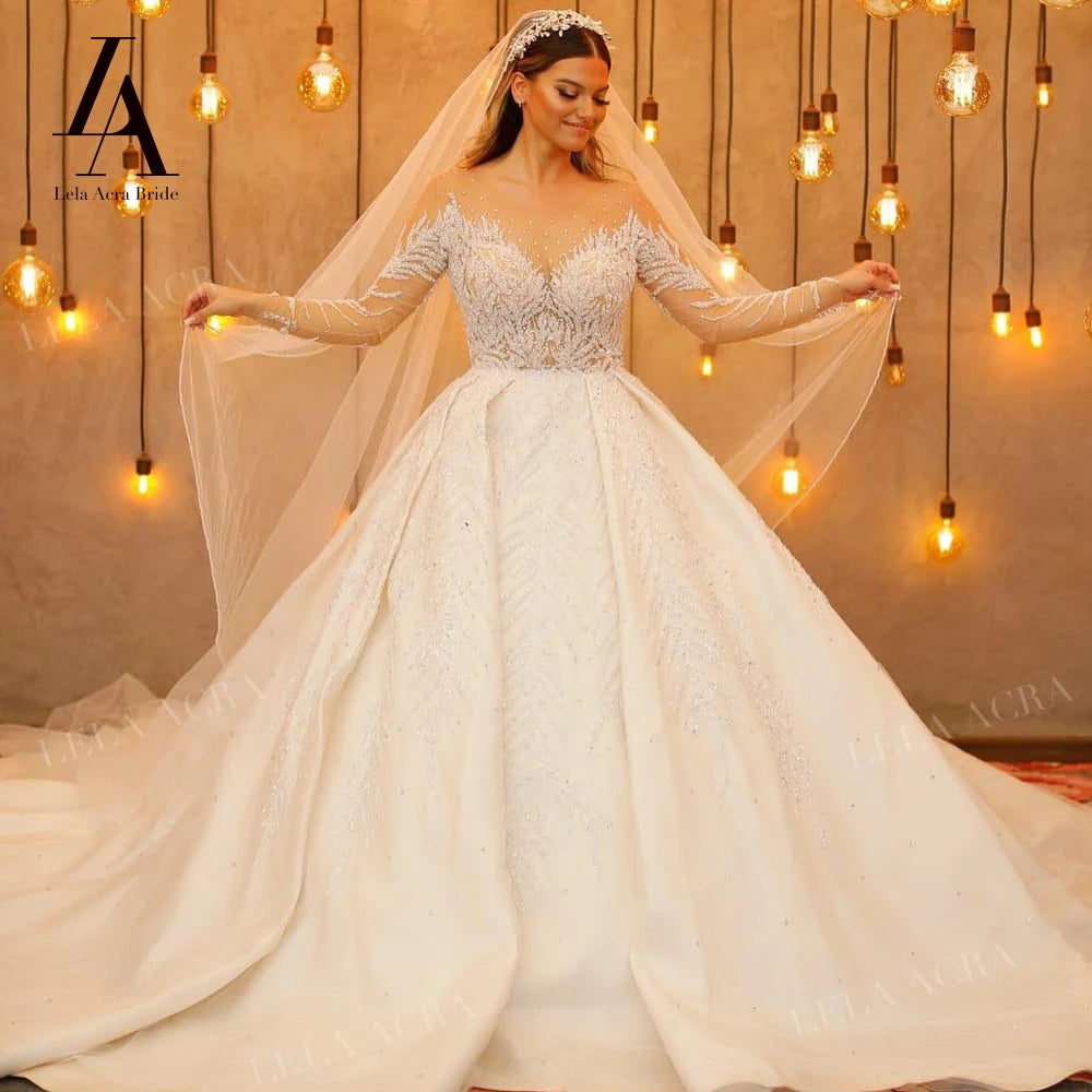 LelaAcra Long Sleeve Wedding Dress 2026 Sweetheart Beaded Backless A-Line Princess Bride Gown SM72 Plus Size Vestido De Noiva