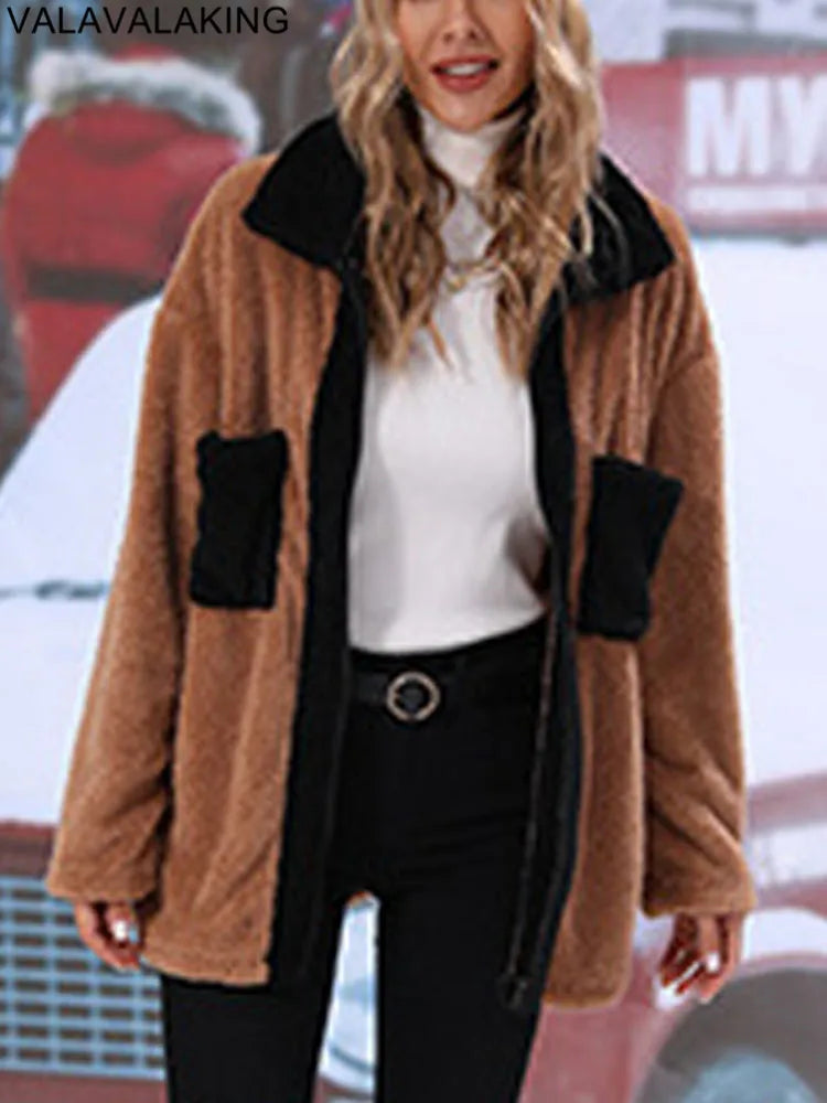 2026 Winter Patchwork Brown Plush Jacket for Women Thick Warm Turn Down Collar Casual Coat Lady Elegant Loose Zipper Long Coat