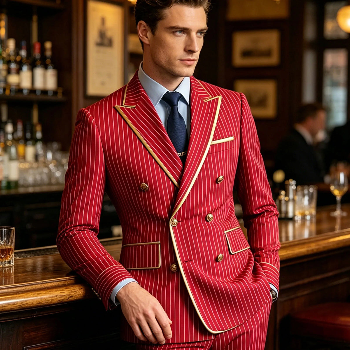 Men's Pinstripe Blazer Double Breasted Slim Fit Peaked Lapel With Gold Trim Formal Suit Jacket  For Groomsman Wedding Prom Hot