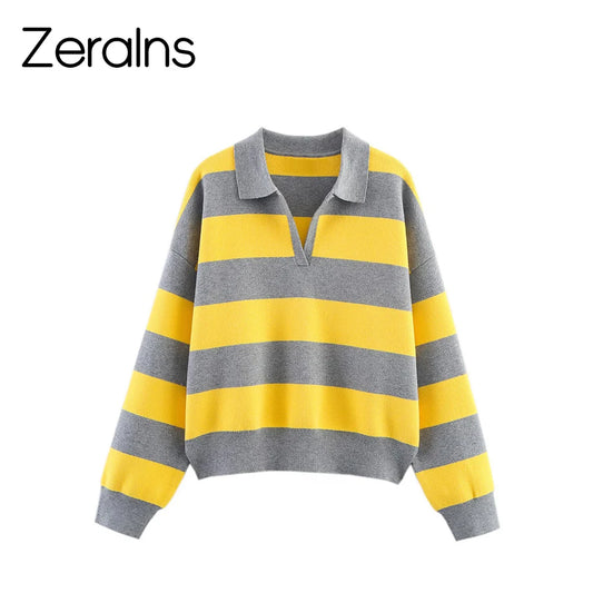 ZERAINS Autumn new women's clothing European and American style fashionable loose POLO collar striped knit sweater