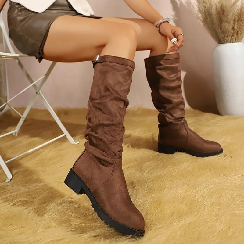 Women's Boots Round Toe Low Heel Suede-Look Slouchy Shaft Buckle Strap Textured Outsole Casual Daily Urban Walk Footwear Gear