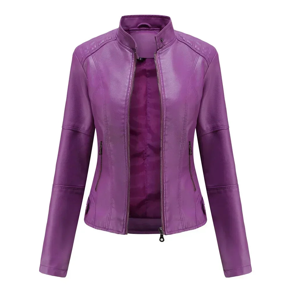 Women Moto Biker Zipper Jacket 2026 Faux Leather Jacket Women Spring Autumn Coat Black Brown Red Purple Navy Coffee Black XS 4XL