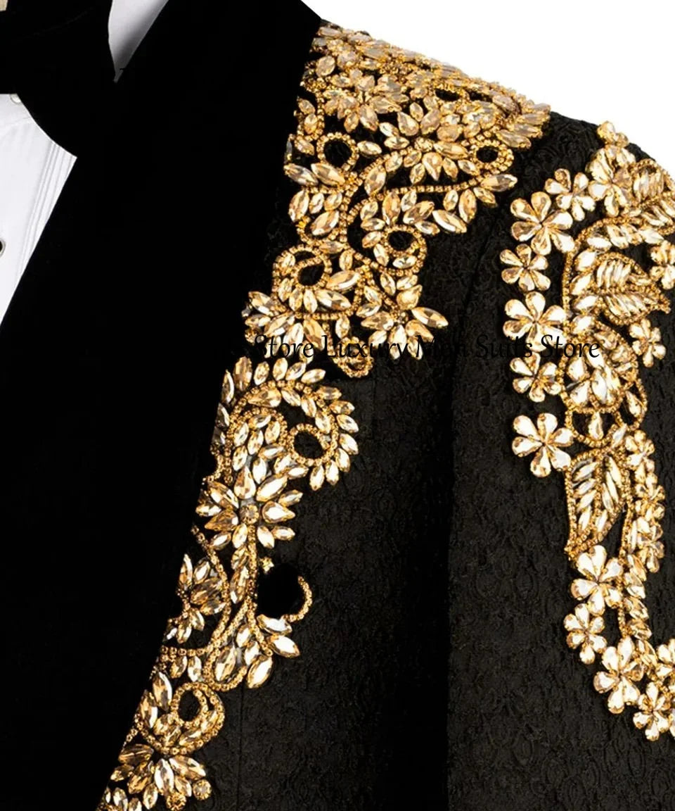 Exquisite Crystal Men's Suits 2 Pieces Rhinestone Groom Tuxedos Set Evening Party Outfits Customized Blazer Pants fatos de homem