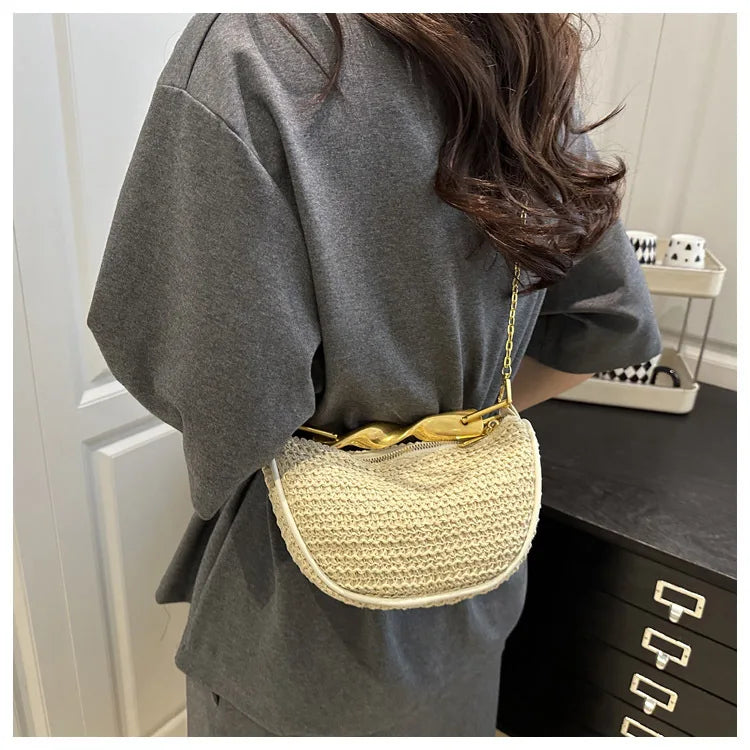 Luxury Metal Handle Clutch Bag Women Exquisite Handmade Rattan Woven crossbody Bag Half-moon Beach Bags Roomy Straw Tote Bag