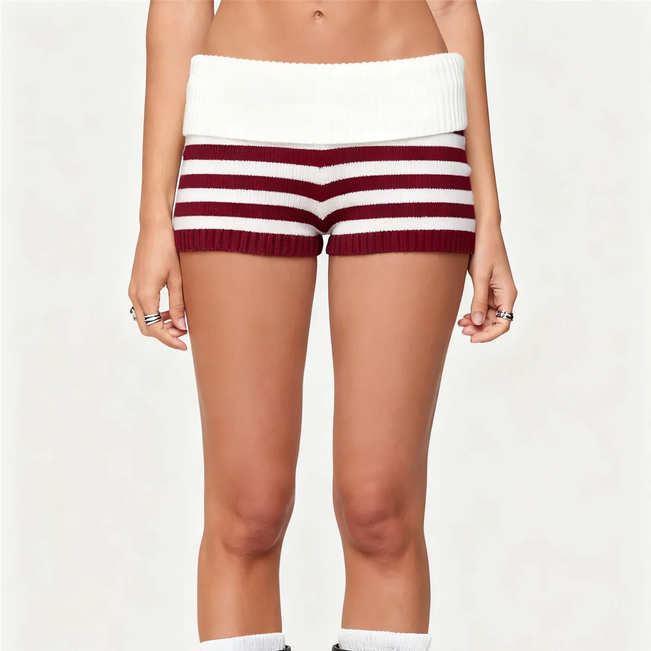 Women Striped Knit Micro Shorts Summer Fold Over Elastic Waist Slim Fit Mini Bottom Y2k Lounge Sweater Shorts Holiday Beachwear