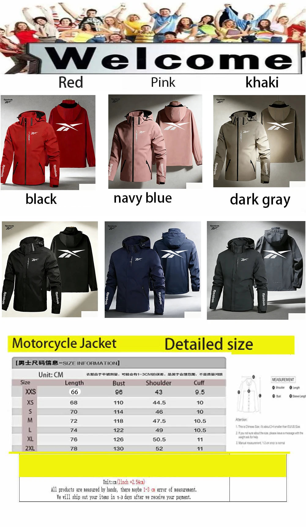 Reebok Motorcycle Jacket - Men's Hooded Windproof and Waterproof Jacket - Removable Hood Zipper - Suitable for Cycling, Mountain