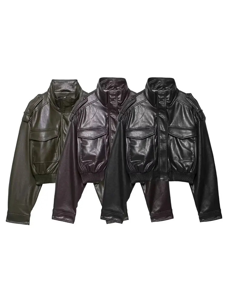 HH Women Faux Leather Cropped Jacket vintage Bomber Jackets With Pockets Long Sleeve Coats Zipper Overcoat Jacket For Woman