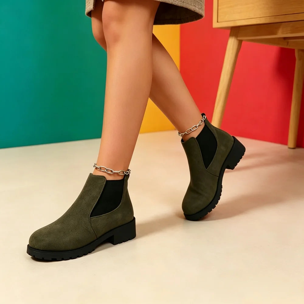 Women Suede Chelsea Boots Thick Sole Elastic Side Non Slip Casual Footwear All Season Daily Wear Comfortable Fit Chunky Design