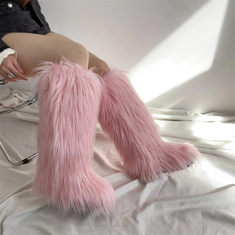 Hot Sale Ins Fashion Long Women Furry Boots Winter Knee Length Keep Warm Ladies Snow Boots