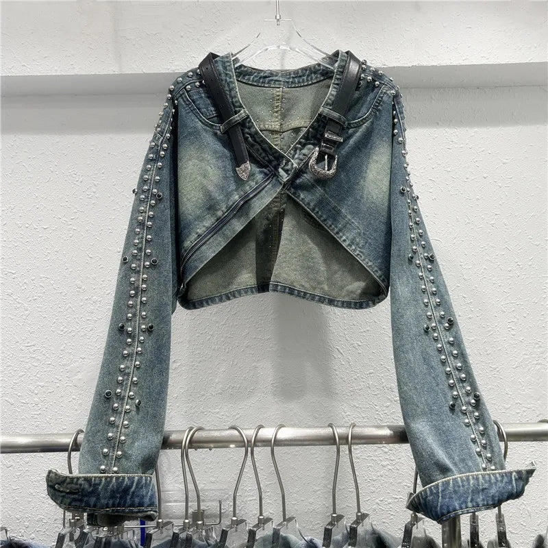 Women Denim Jacket Rivet Short Coat Sashes Pockets Jackets Distressed Streetwear Female Spring 2026 Washed Vintage Outerwear