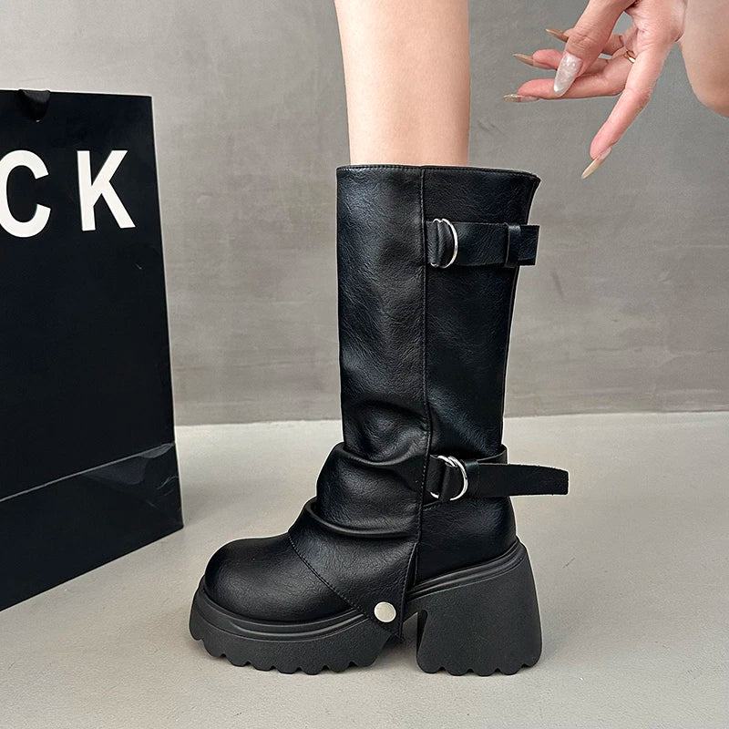 Shang Shi Black Thick High-heeled Thick Soled Boots for Women, 2026 New Winter Versatile Women's Zipper Slimming Pants Leg Boots