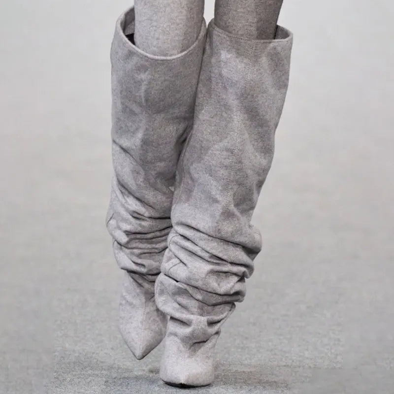 Women's Fashion Pointed Thick Soled Pleated Short Boots, Autumn and Winter Thick Heeled Long Boots, Sexy Runway Women's Boots