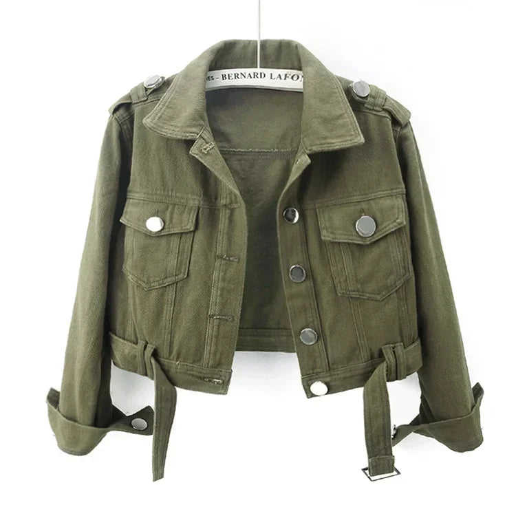 Spring Vintage Army Green Black Khaki Denim Jacket Women Hem Belt Big Pocket Cowboy Outerwear Loose Short Jeans Jackets Female