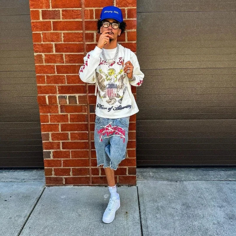 Jorts Rhinestone Y2K Graffiti  Distressed Printed Denim Shorts Men Women Trend Retro Hip Hop Streetwear Unisex Baggy Short Pants