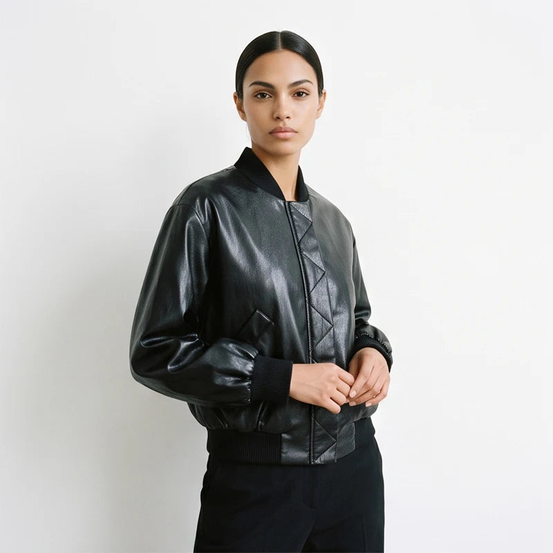  Women's Faux Leather Bomber Jacket Black Stand Collar Cropped Loose Vintage Outerwear 2026 Autumn Lady Street Chic Casual Coat