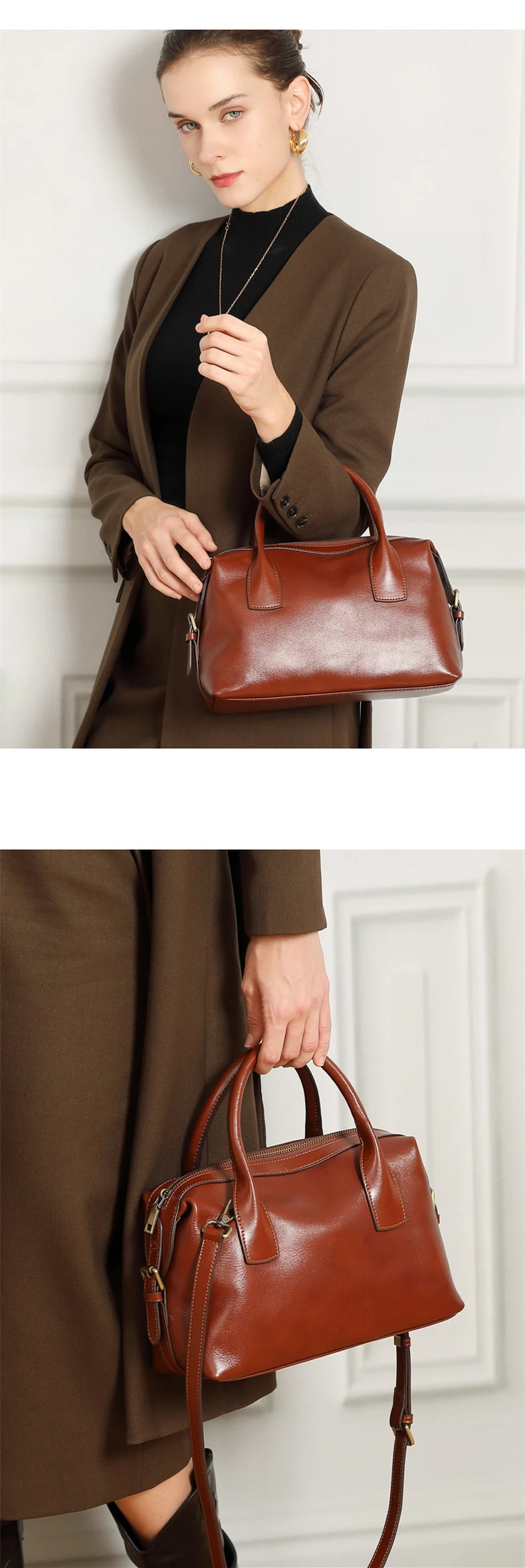 BURMINSA Genuine Cowhide Leather Handbags For Women Retro Pillow Top Handle Bags Bowling Daily Work Crossbody Shoulder Purses